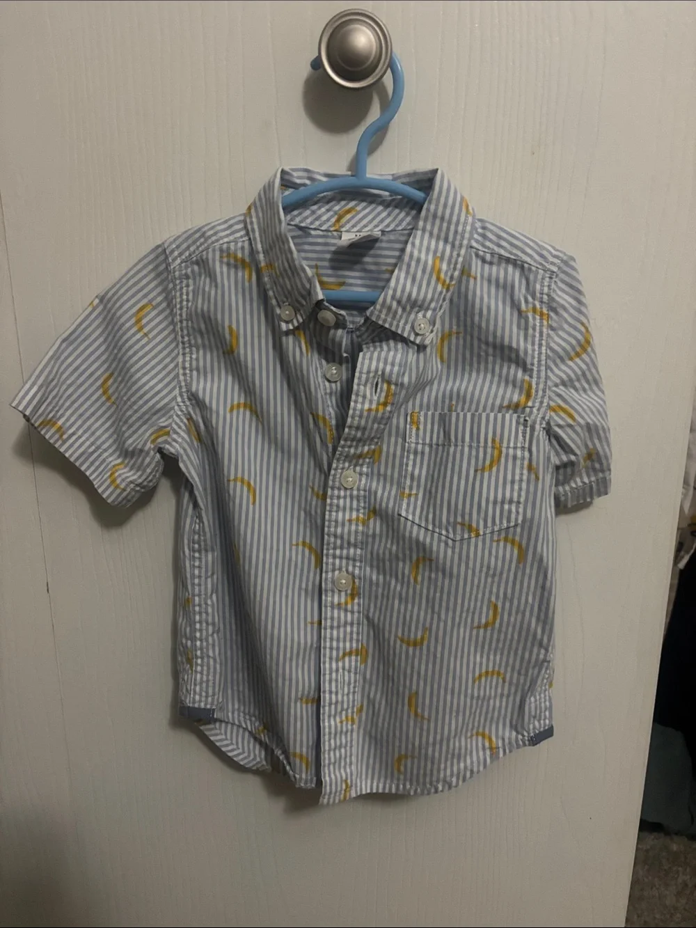 GAP Light Blue & White Striped Button-Down Shirt with Yellow Banana Print - Kids